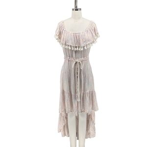 True Colours Striped Off Shoulder Pom Pom Dress White M high low bohemian summer